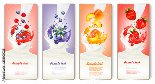 Set of banners with berries and fruit falling into milk and juice splashes. Vector.