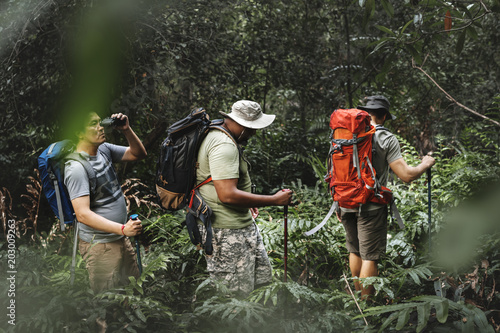 Group of diverse men trekking in the forest together