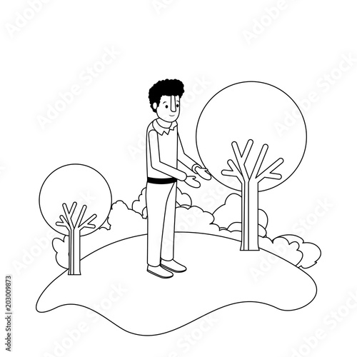 isometric man in field landscape avatar character vector illustration design