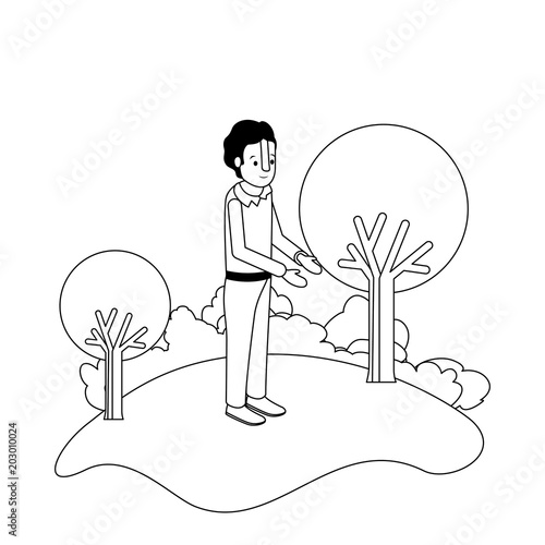 isometric man in field landscape avatar character vector illustration design