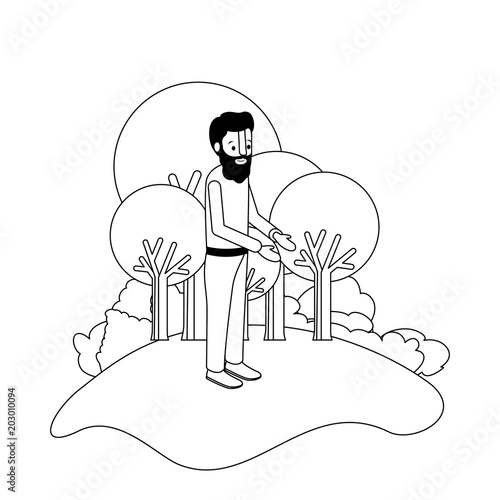 isometric man with beard in field landscape avatar character vector illustration