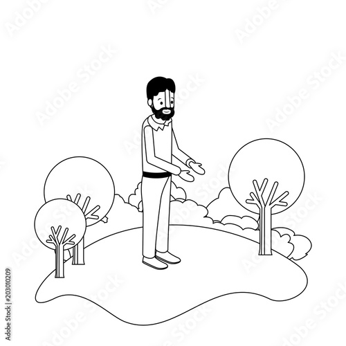 isometric man with beard in field landscape avatar character vector illustration