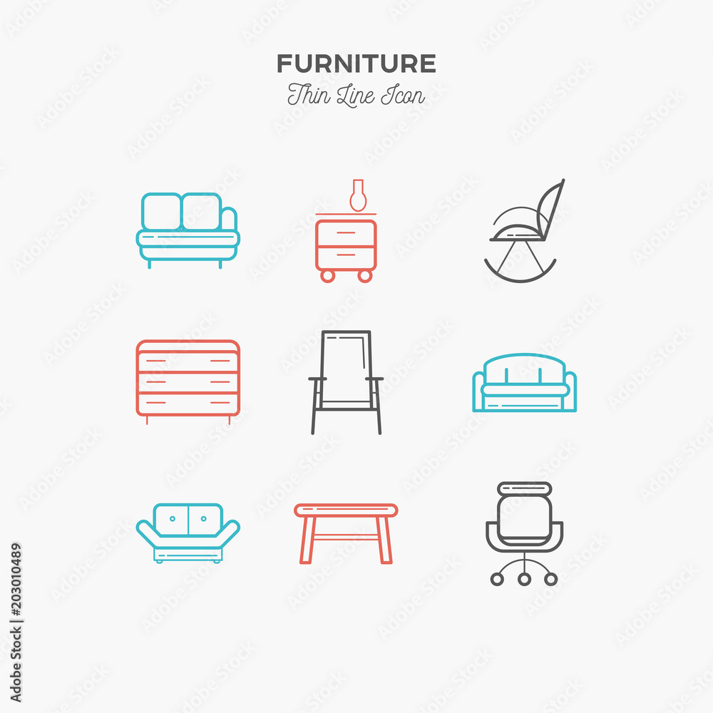 Furniture, sofa, table, chair, curbstone and more, thin line color icons set, vector illustration Furniture, sofa, table, chair, curbstone and more, thin line color icons set, vector illustration