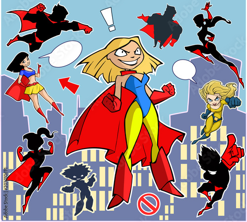 Bright and colorful cartoon set of funny and awesome superheroes stickers in cool  costumes flying above the city 
ready to help and rescue