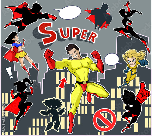 Bright and colorful cartoon set of funny and awesome superheroes stickers in cool  costumes flying above the city 
ready to help and rescue