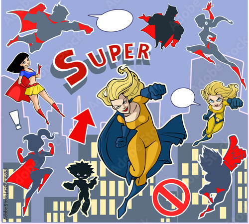 Bright and colorful cartoon set of funny and awesome superheroes stickers in cool  costumes flying above the city 
ready to help and rescue