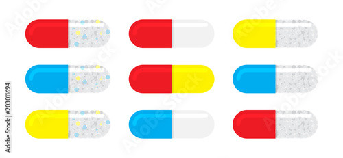 Flat pills in capsule set. Isolated medicine vector illustration.