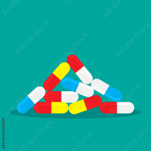 Flat pile of capsule pills. Isolated medicine vector illustration. Drug or painkiller concept.