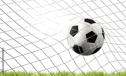 Fußball Ball im Netz. Tornet Fußball Tor 3D Illustration © wetzkaz