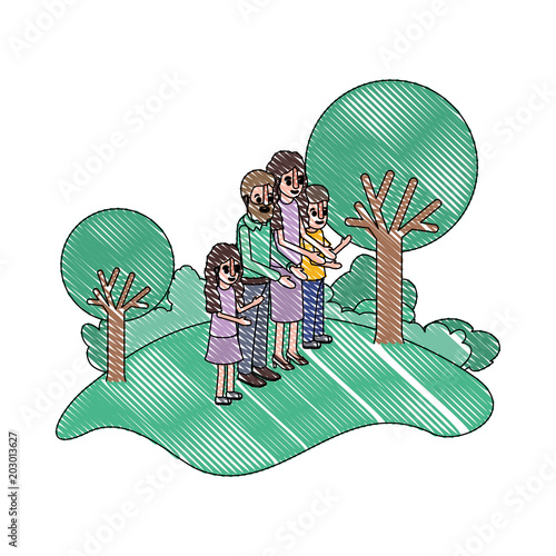 parents couple with son and daughter in field landscape vector illustration