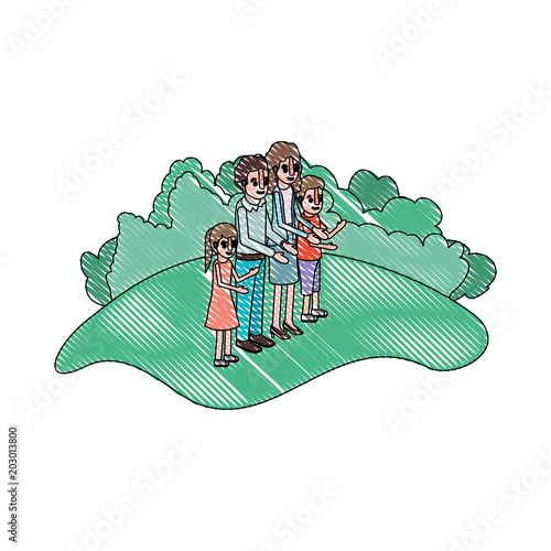 parents couple with son and daughter in field landscape vector illustration