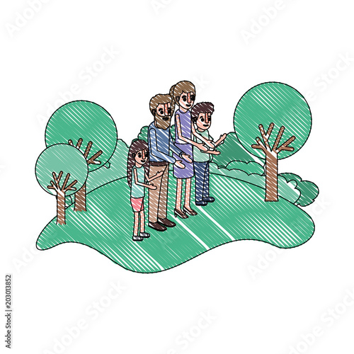 parents couple with son and daughter in field landscape vector illustration