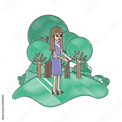isometric woman in field landscape avatar character vector illustration design