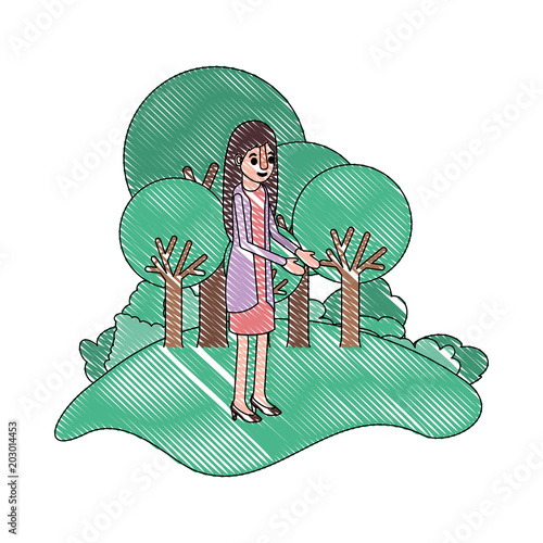 isometric woman in field landscape avatar character vector illustration design