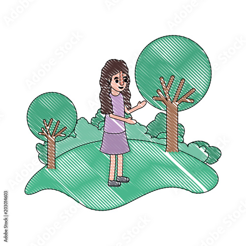 isometric little girl in field landscape character vector illustration design