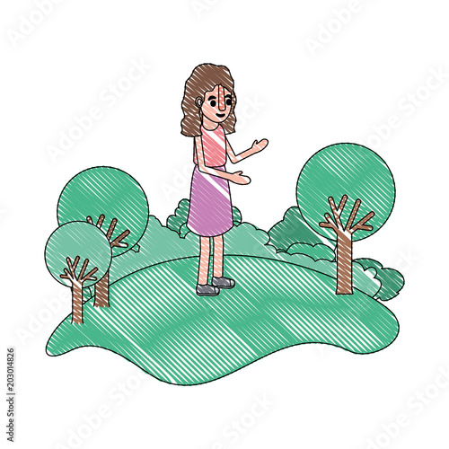 isometric little girl in field landscape character vector illustration design