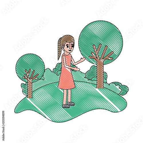 isometric little girl in field landscape character vector illustration design