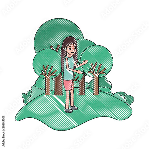 isometric little girl in field landscape character vector illustration design