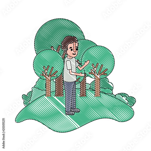 isometric little boy in field landscape character vector illustration design