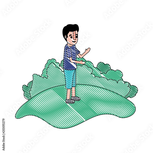 isometric little boy in field landscape character vector illustration design