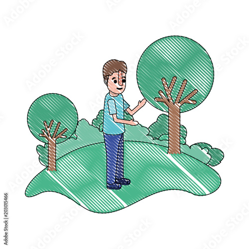 isometric little boy in field landscape character vector illustration design