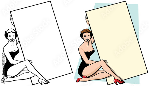A sexy woman in a swimsuit and high heels holding a blank sign.