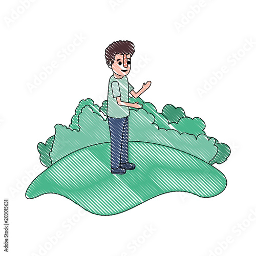 isometric little boy in field landscape character vector illustration design