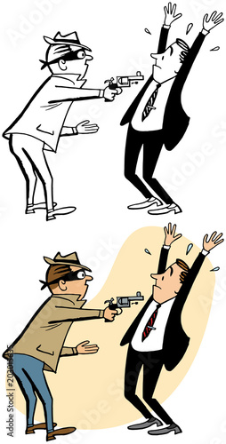 A robber holds a gun on a man in an armed robbery.