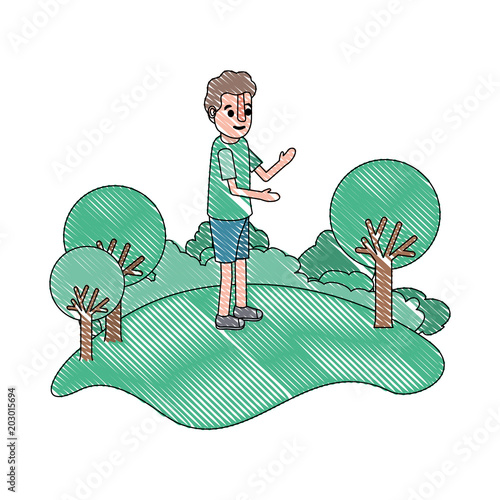 isometric little boy in field landscape character vector illustration design