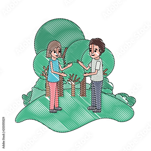 isometric little kids couple in field landscape character vector illustration