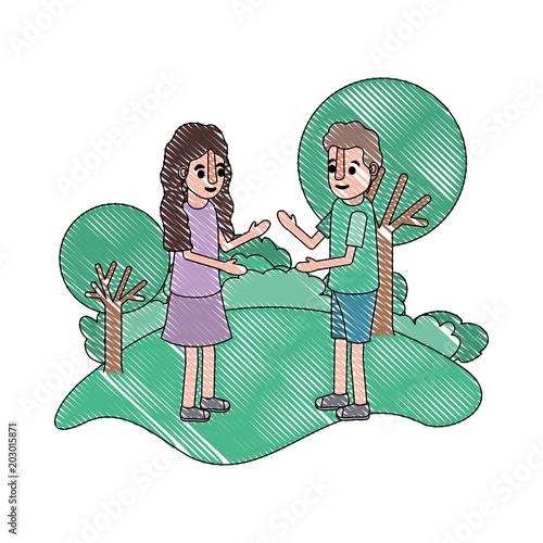 isometric little kids couple in field landscape character vector illustration