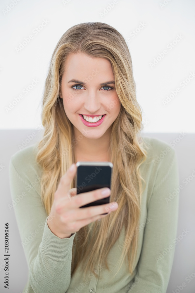 Cheerful pretty blonde sending a text sitting on cosy sofa Cheerful pretty blonde sending a text sitting on cosy sofa