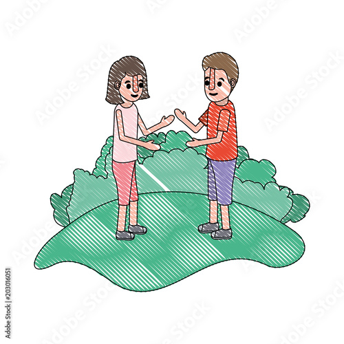 couple isometrics in field landscape avatars characters vector illustration