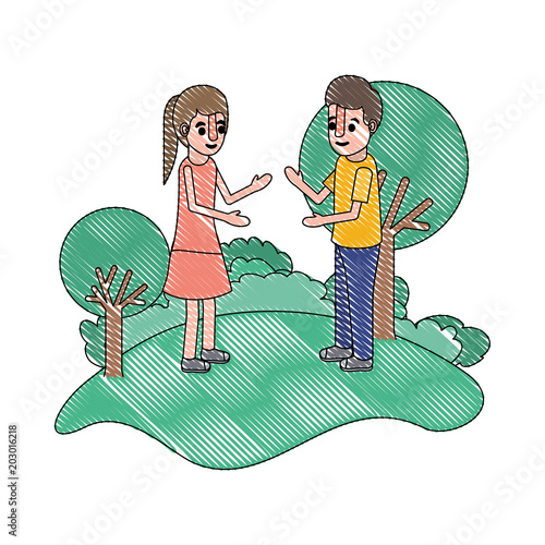 couple isometrics in field landscape avatars characters vector illustration