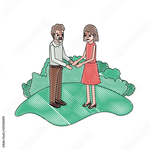 couple isometrics in field landscape avatars characters vector illustration