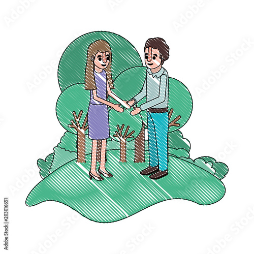 couple isometrics in field landscape avatars characters vector illustration