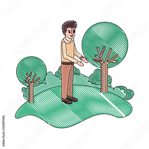 isometric man in field landscape avatar character vector illustration design