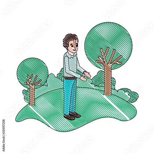 isometric man in field landscape avatar character vector illustration design