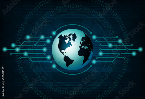 Blue design with the silhouette of the globe and abstract web of the Internet.