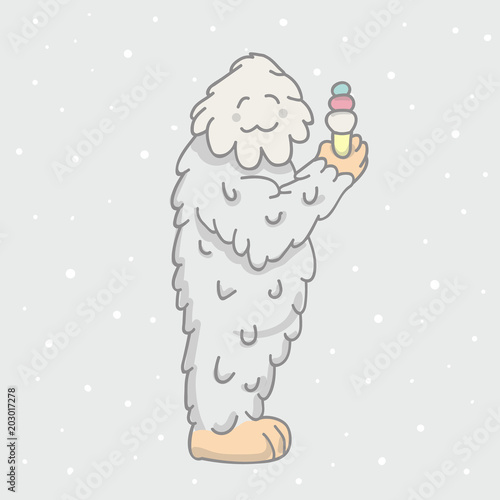 cute, white Bigfoot eat ice cream. children s illustration, character, For T-shirts, postcards. photo