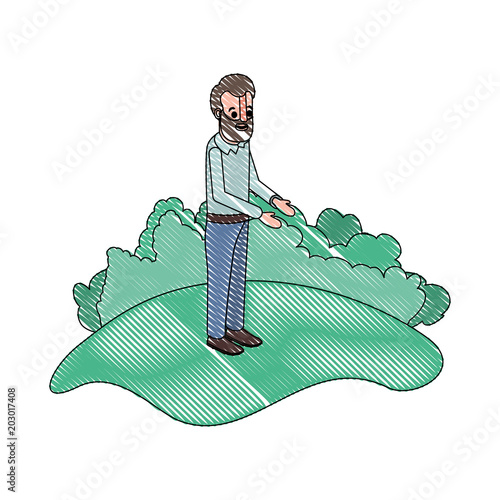 isometric man with beard in field landscape avatar character vector illustration