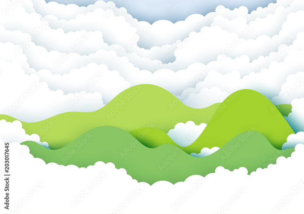 Fototapeta premium Mountains and clouds on blue sky paper art style.Vector illustration.