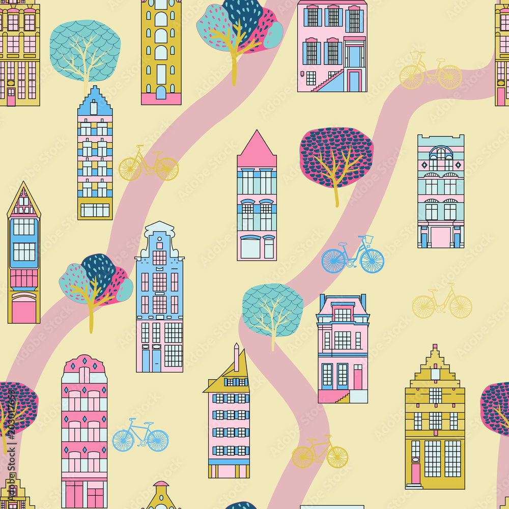 City vector seamless pattern with road. Minimalistic design. European houses and a bicycle.