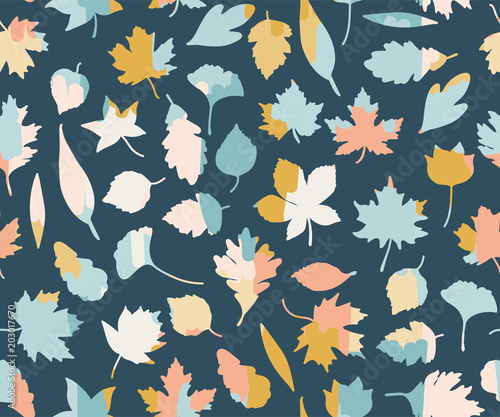 Seamless pattern with colorful leaves. summer seamless pattern summer leaves. on a dark blue background