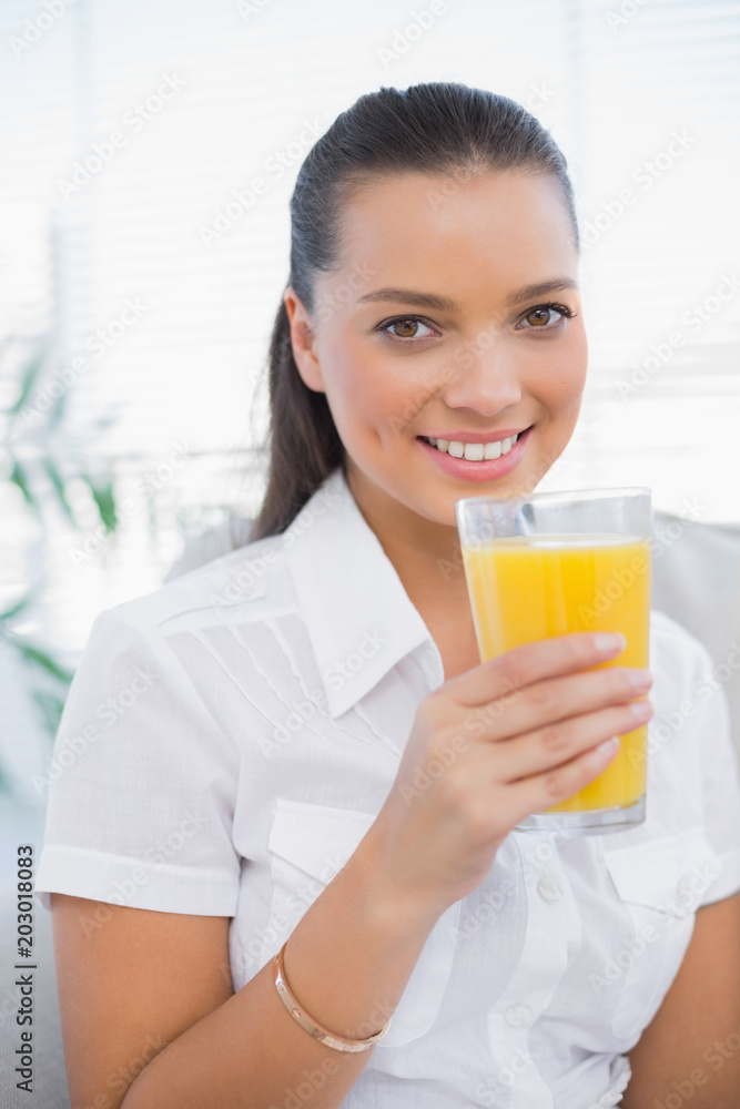 Cheerful pretty woman holding orange juice sitting on cosy couch Cheerful pretty woman holding orange juice sitting on cosy couch