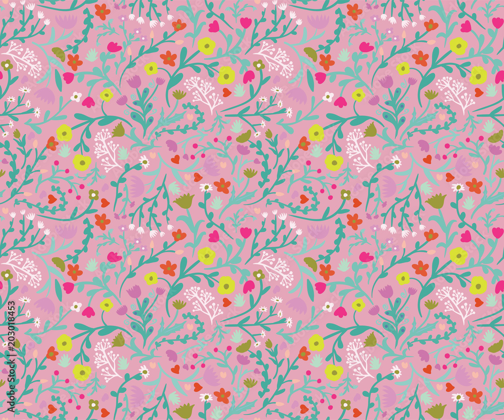 Meadow. Wildflowers pattern. Hand drawn Floral pattern. Seamless vector texture. Elegant template for fashion prints. Surface with meadow flowers and herbs. pink background