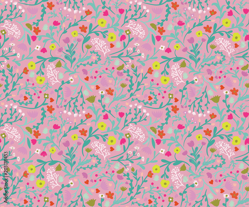 Meadow. Wildflowers pattern. Hand drawn Floral pattern. Seamless vector texture. Elegant template for fashion prints. Surface with meadow flowers and herbs. pink background photo