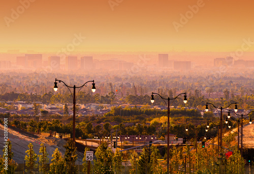 Streetlights in Suburban Orange County landscape at sunset in Southern California