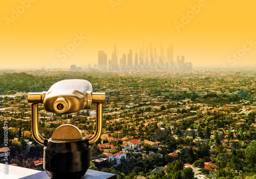 Vibrant futuristic city skyline panorama of Los Angeles California in golden glow of summer 