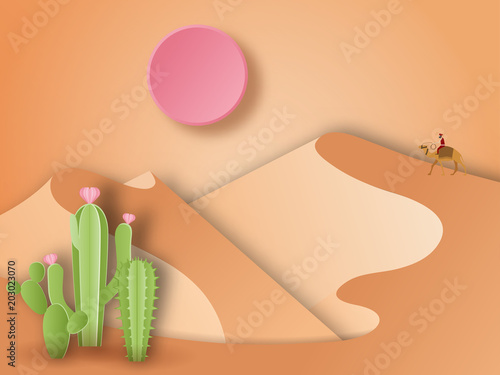 Desert show sand dune landscape and cactus plants. paper art style.